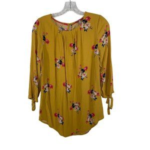 Joules Great Britain Womens Top Mustard Floral 3/4 Sleeve Tie knot - Size 8 or M